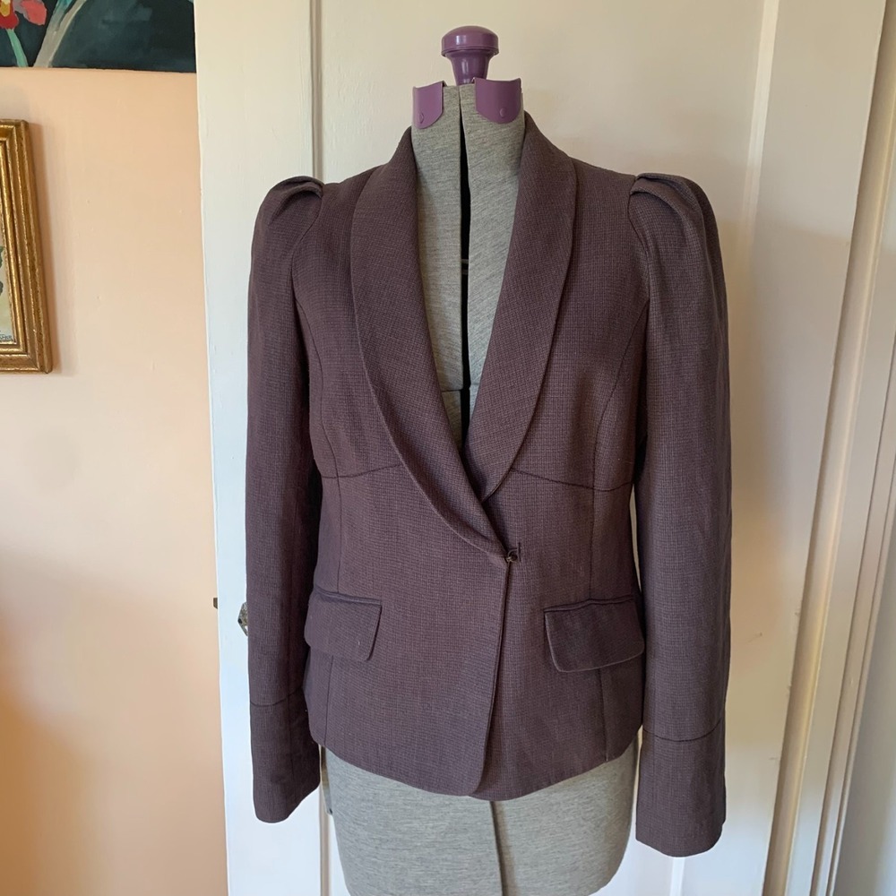 Puff Sleeve Shawl Collar Blazer Jacket Brown Textured Woven Small